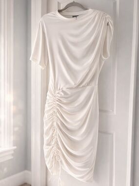 Zara White Ruched Satin-Look Short Sleeve Tunic